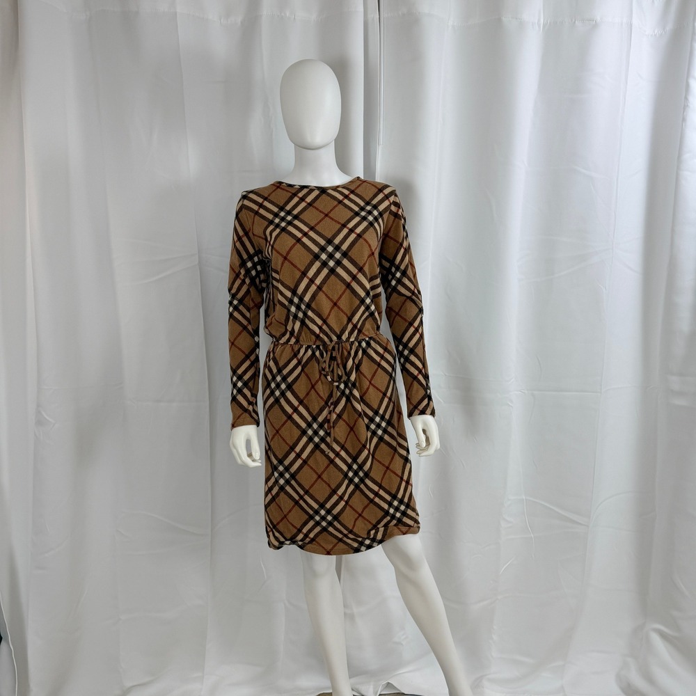 Flamingo Brown Plaid Long Sleeve Midi Dress Drawstring Waist Size L
